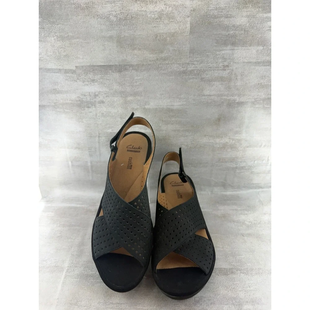 Clarks Collection Black Perforated Wedge Sandals Women Sz 8M Cushion Soft Shoes